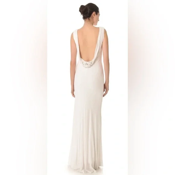Badgley Mishcka Beaded Cowl Back Jersey White Gown - size 6. - Picture 1 of 12